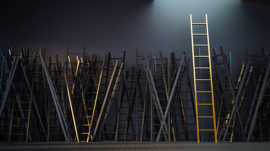 Picture of several short ladders and one highlighted tall ladder